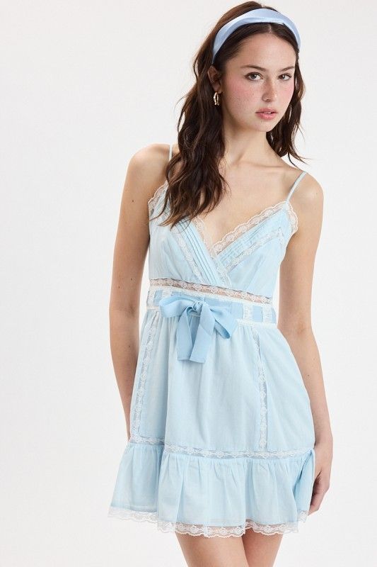 Solid Ribbon Tie Mini Dress-Blue
