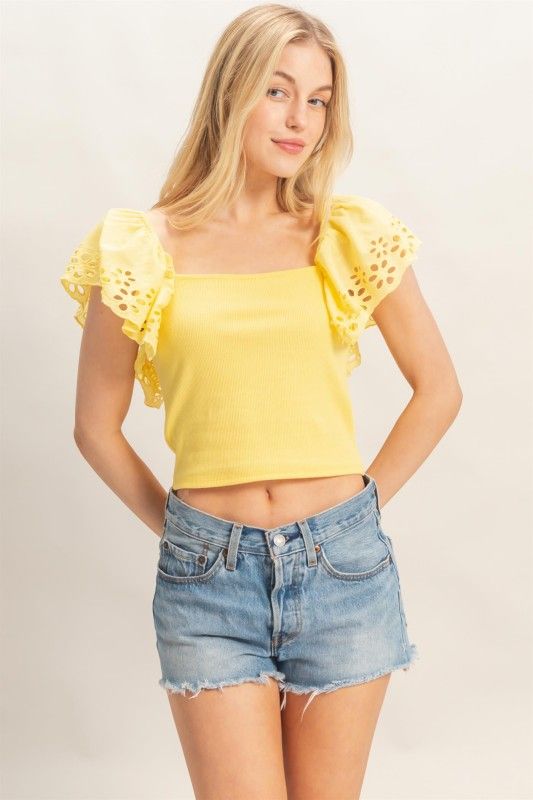 Elise Eyelet Top-Yellow