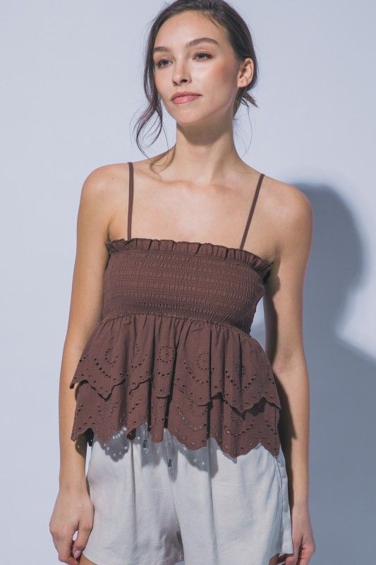 Lila Ruffle Tank-Brown