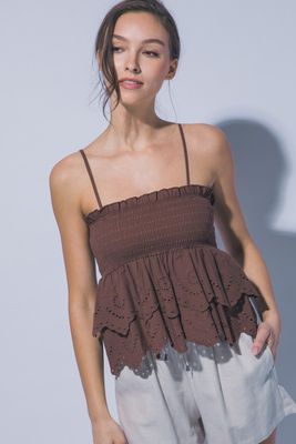 Lila Ruffle Tank-Brown
