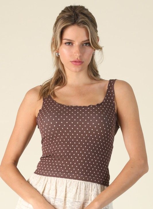 Ruffle Strap Dotty Tank-Brown