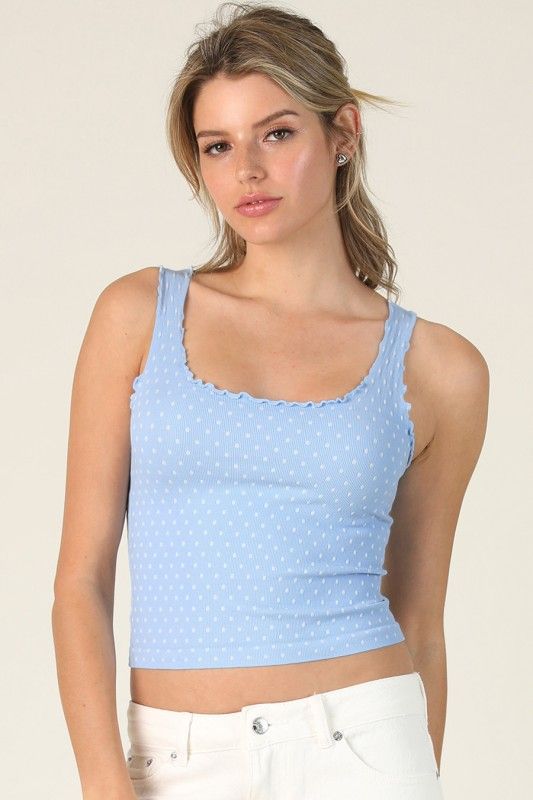 Ruffle Strap Dotty Tank-Blue