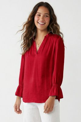 Silky Bell Sleeve Top-Red
