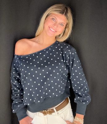 Dotty Off Shoulder Sweatshirt-Navy