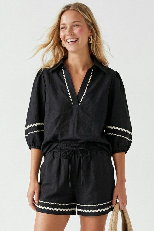Wavy Linen Set-Blk