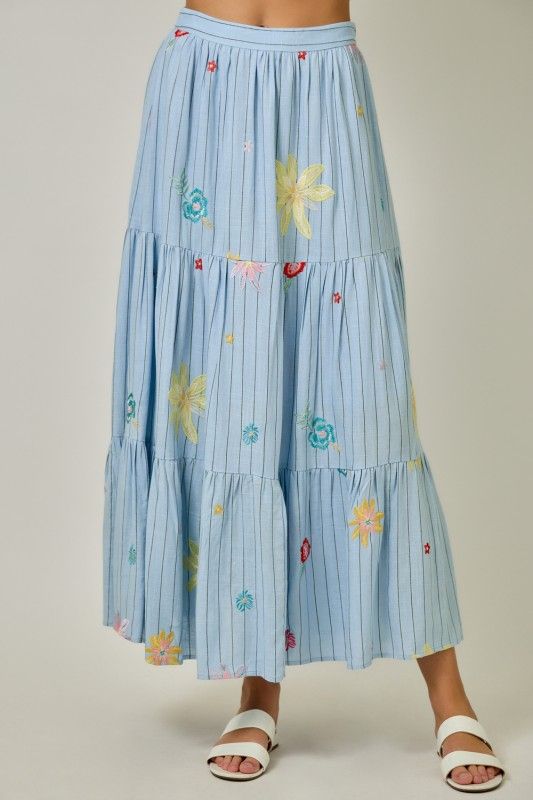 Emb Stripe Maxi Skirt-Blu