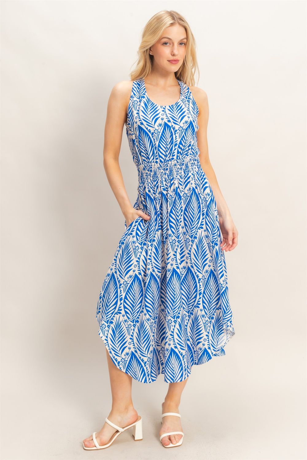 Leaf Print Midi Dress-Blue