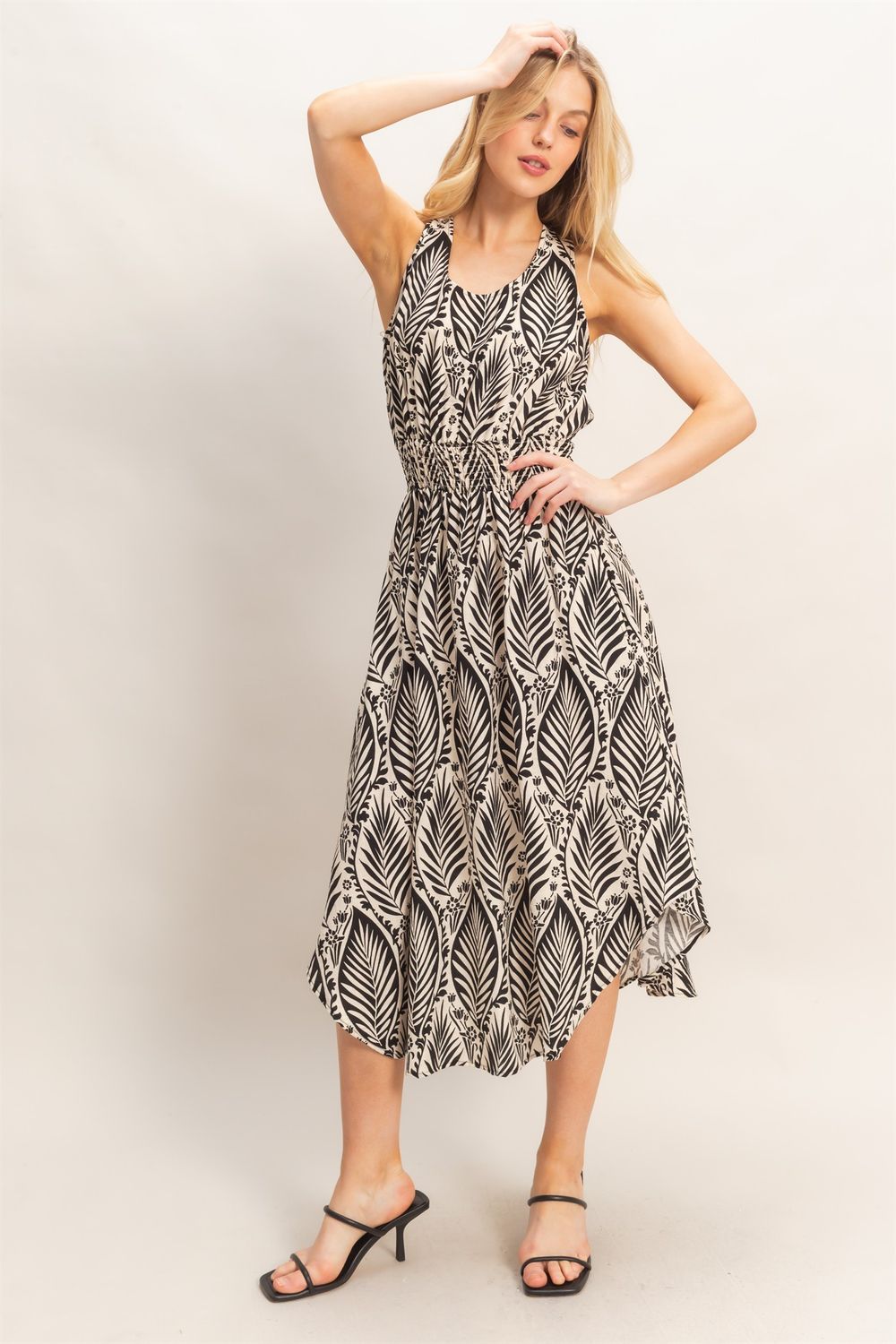 Leaf Print Midi Dress-Blk