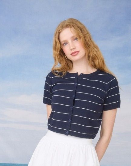 Carly Crop Stripe Cardi-Navy