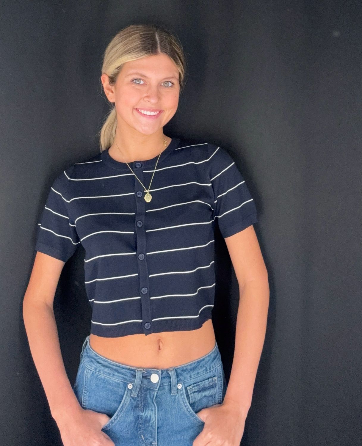 Carly Crop Stripe Cardi-Navy