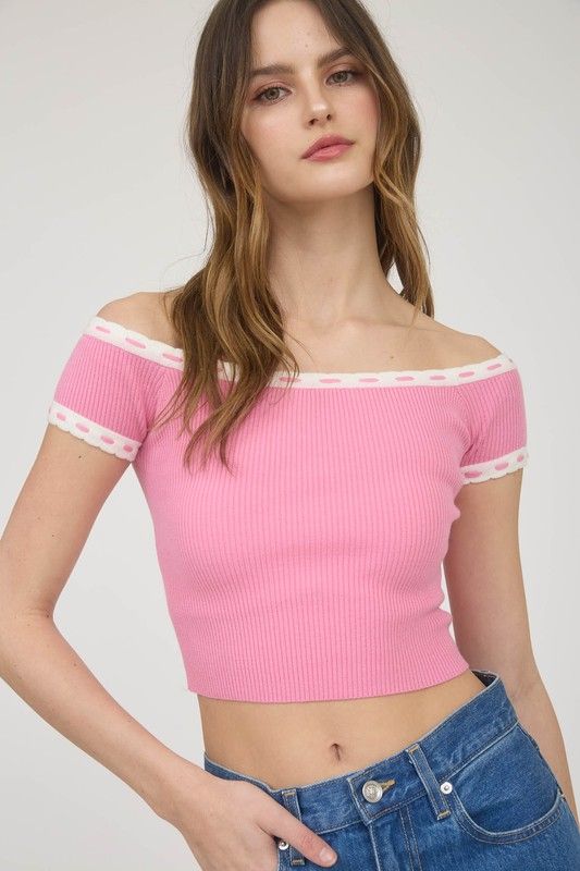 Contrast Off Shoulder Top-Pink