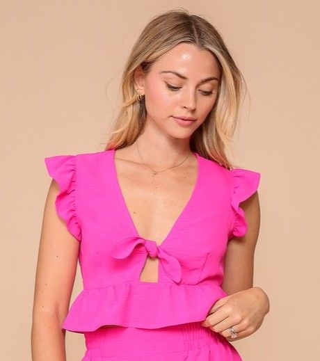 Breeze Ruffle Tie Front Top-Pink