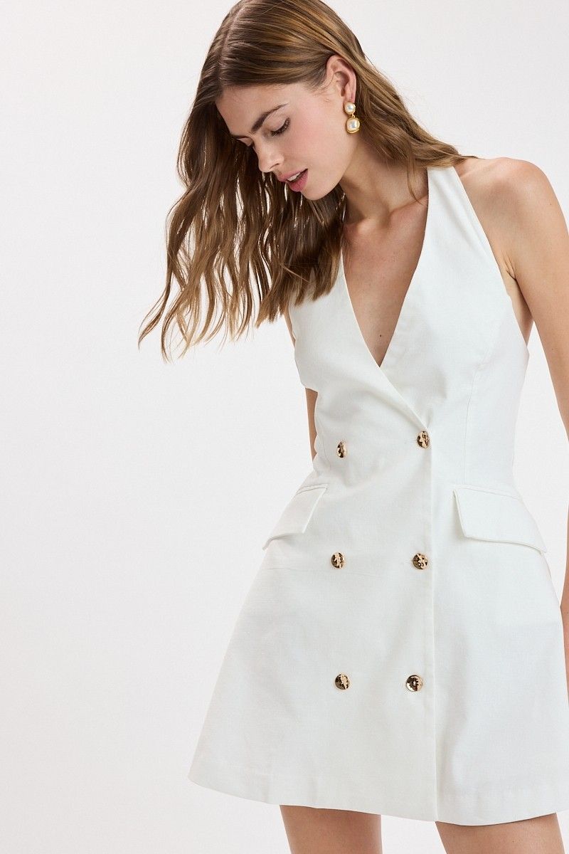 Double Breasted Halter Mini-Wht