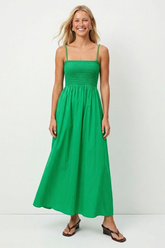 Pom Pom Smocked Maxi-Green