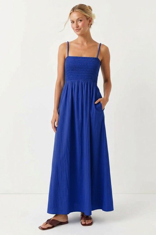 Pom Pom Smocked Maxi-Blue