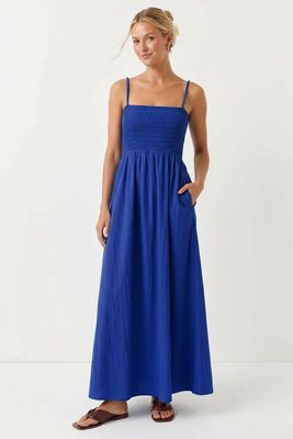 Pom Pom Smocked Maxi-Blue