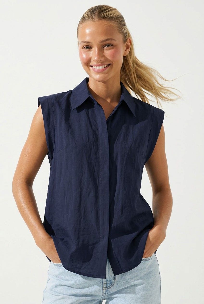 Clarissa Cap Sleeve Top-Navy