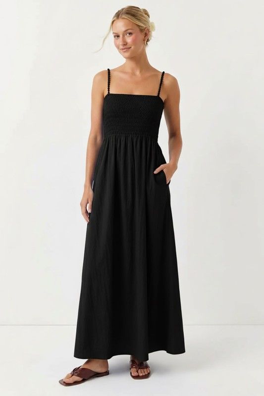Pom Pom Smocked Maxi-Blk