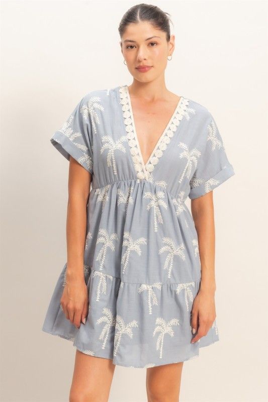 Palm Dreams Emb Dress-Blue