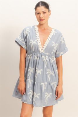 Palm Dreams Emb Dress-Blue