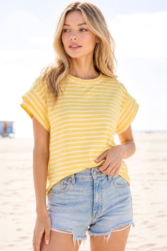 Rolled Sleeve Stripe Top-Yellow