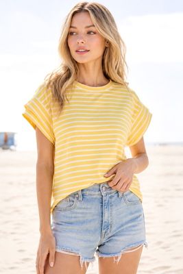 Rolled Sleeve Stripe Top-Yellow