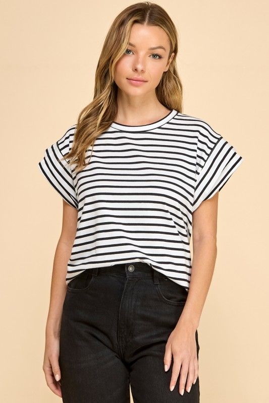 Rolled Sleeve Stripe Top-Blk
