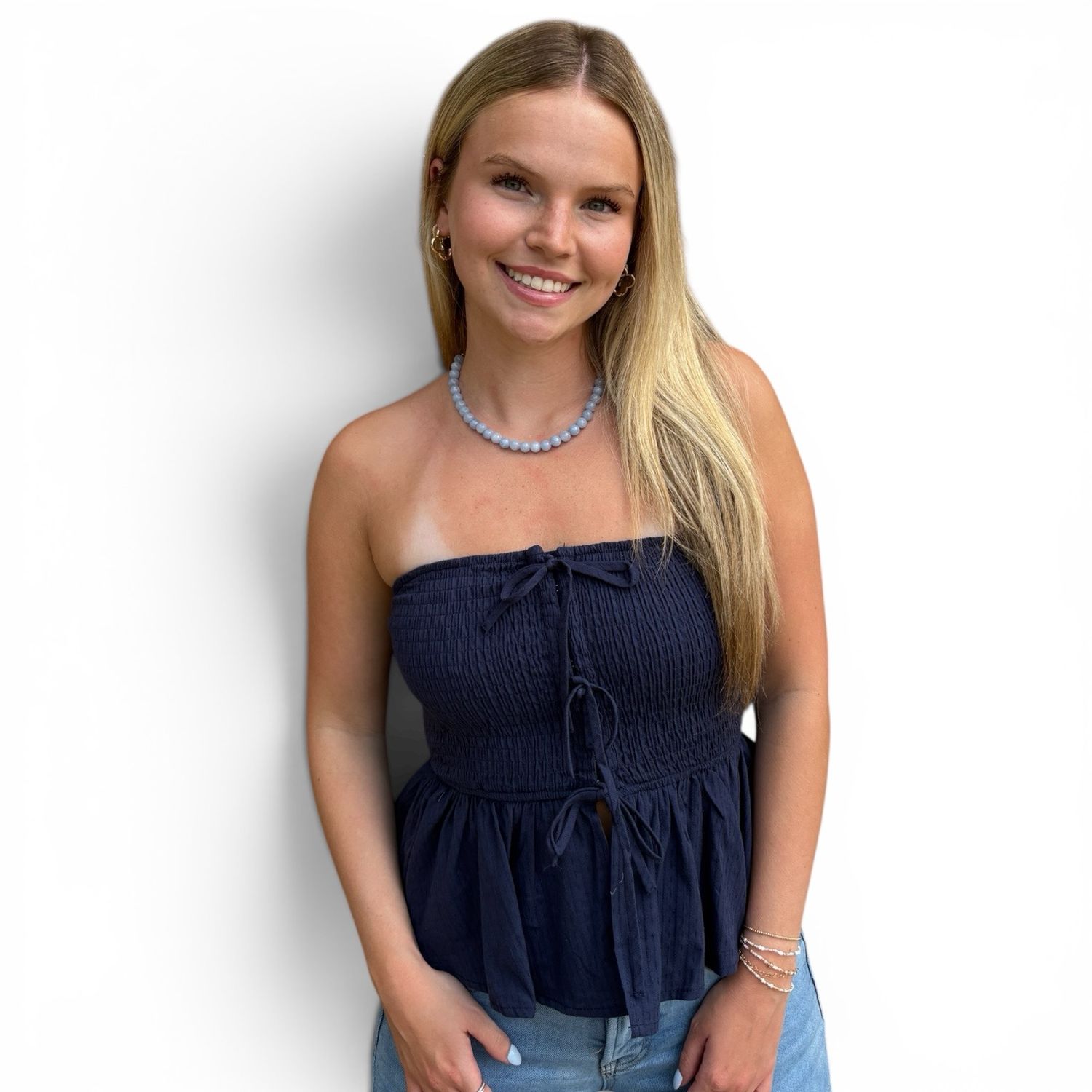 Smocked Bow Tube-Navy