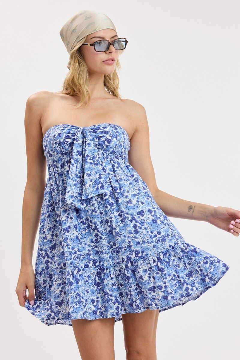 Deep Blue Floral Mini Tube Dress
