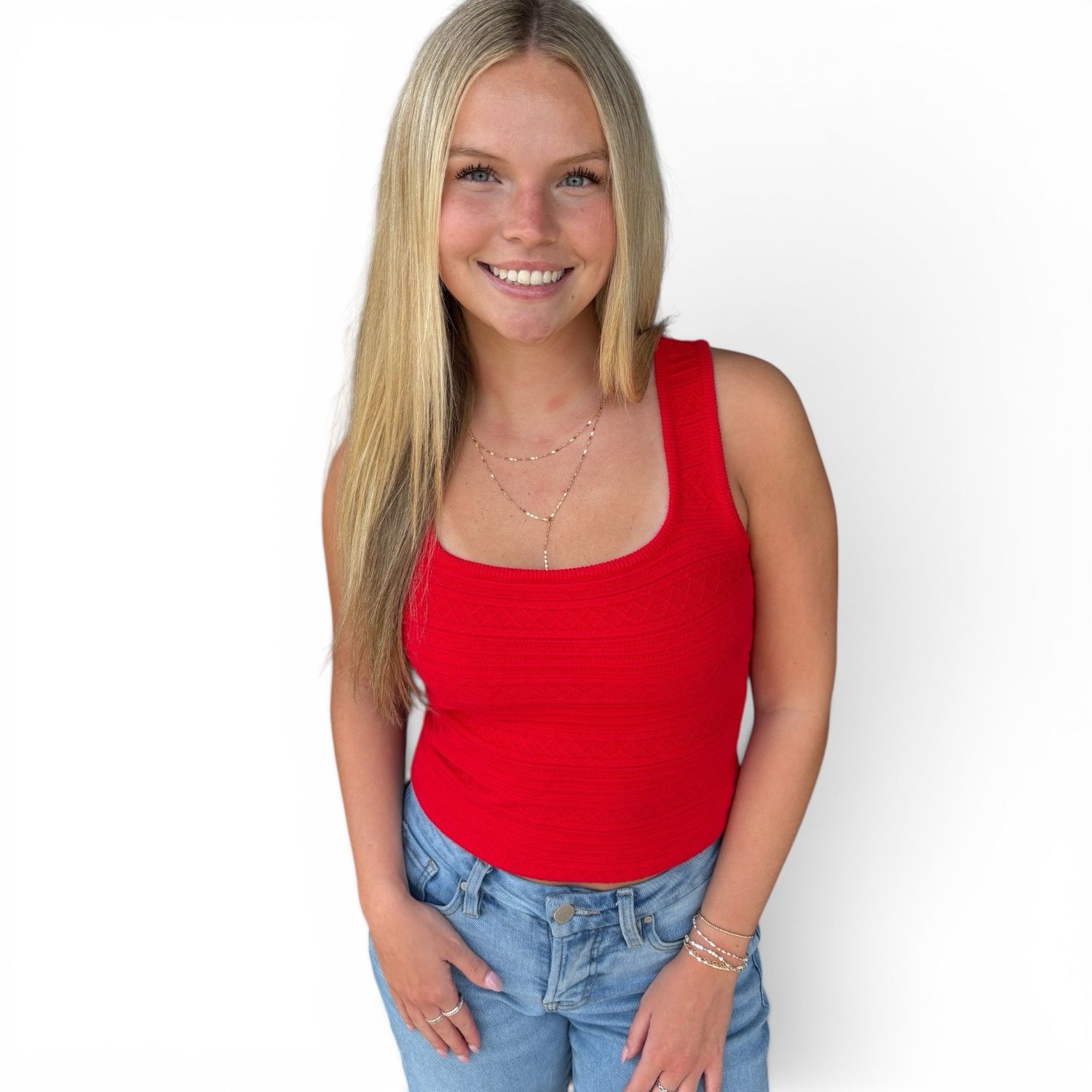 Textured Scoop Tank-Red