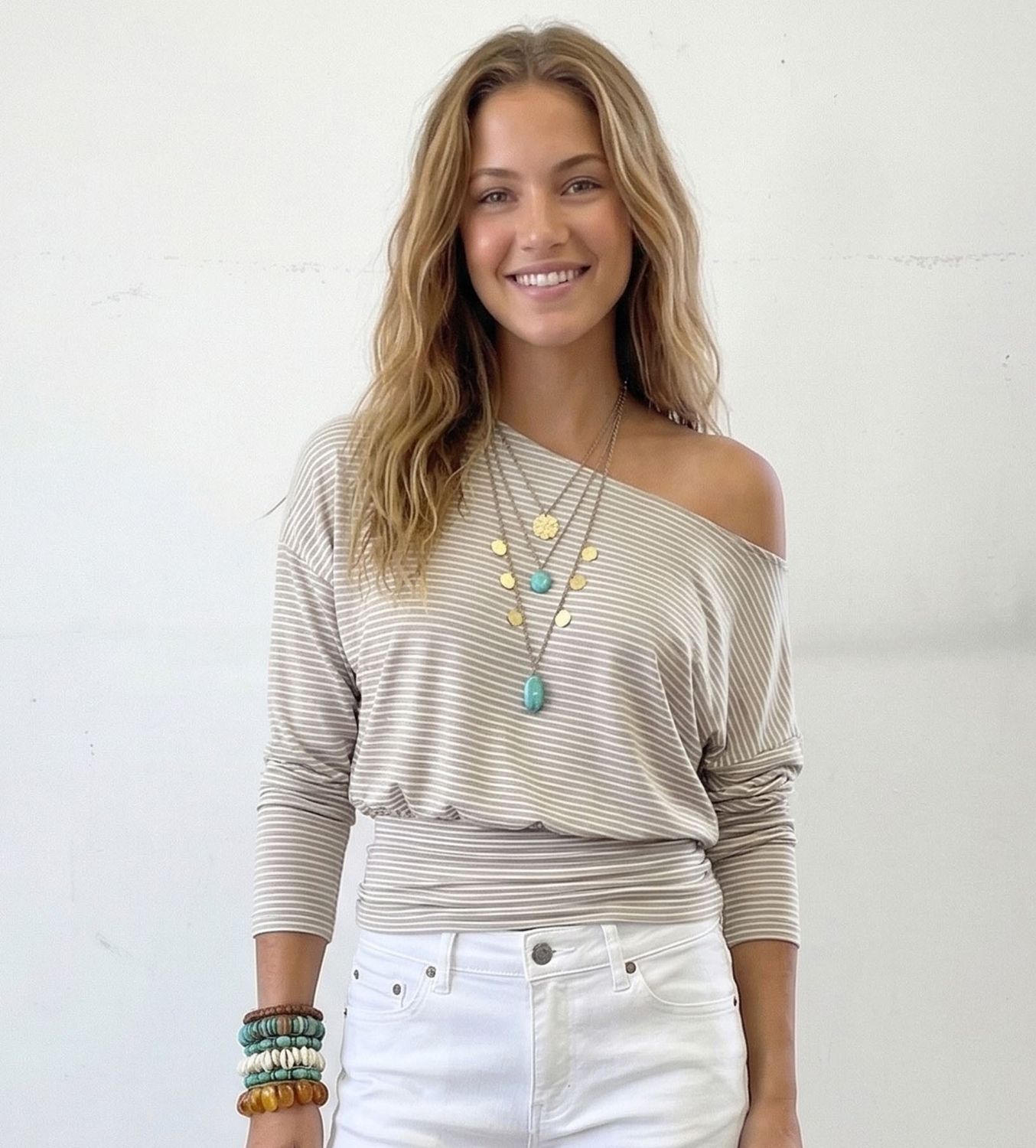 Junie Off Stripe Shoulder Top-Taupe