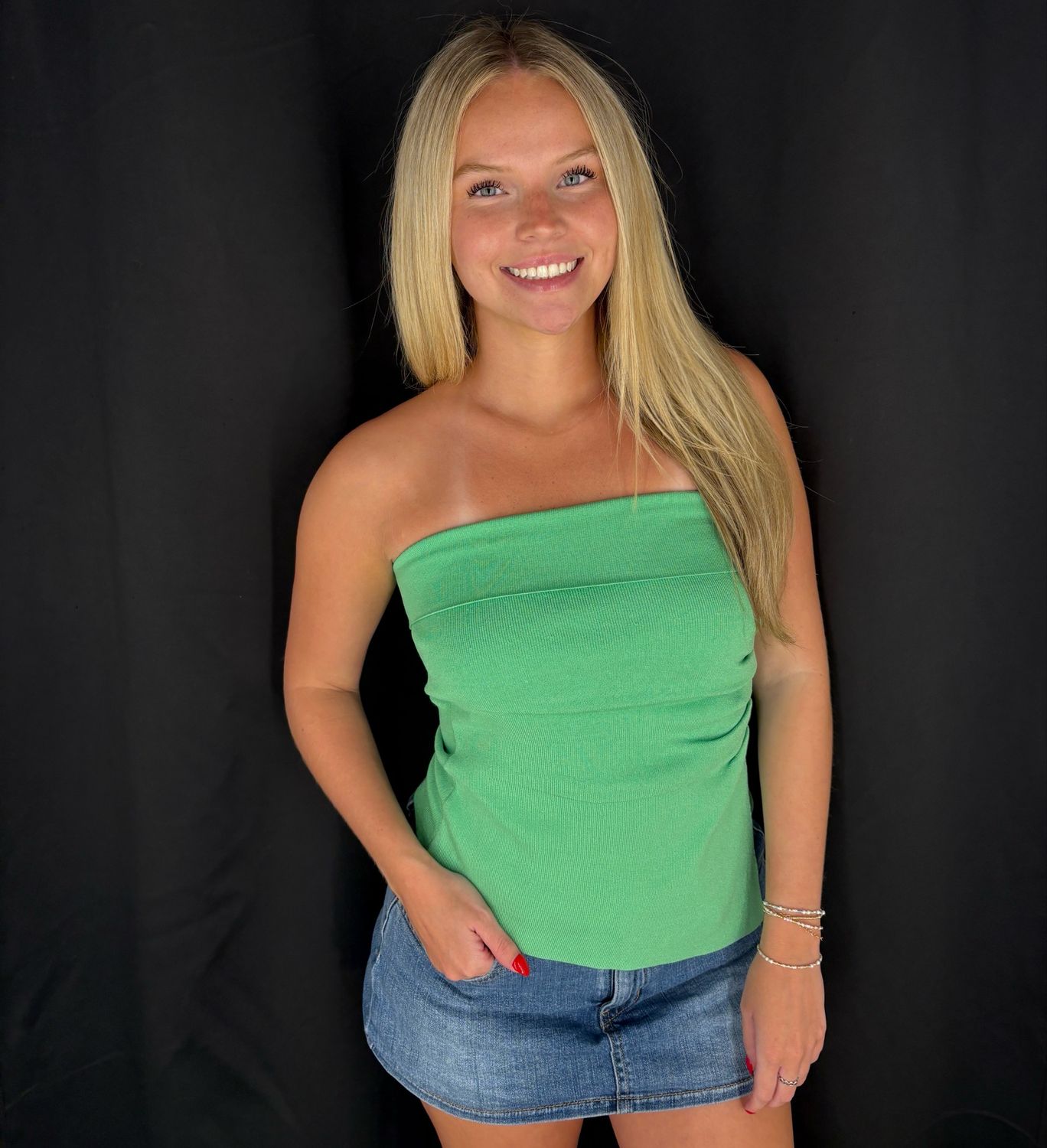 Knit Rouched Tube Top-Green