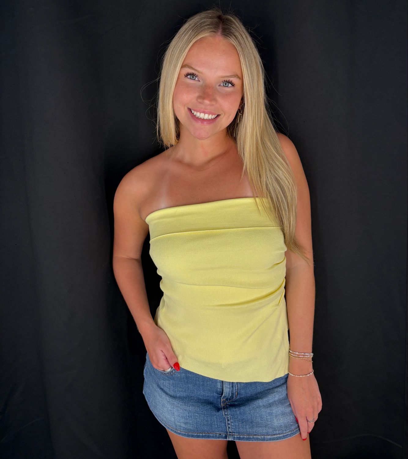 Knit Rouched Tube Top-Yellow