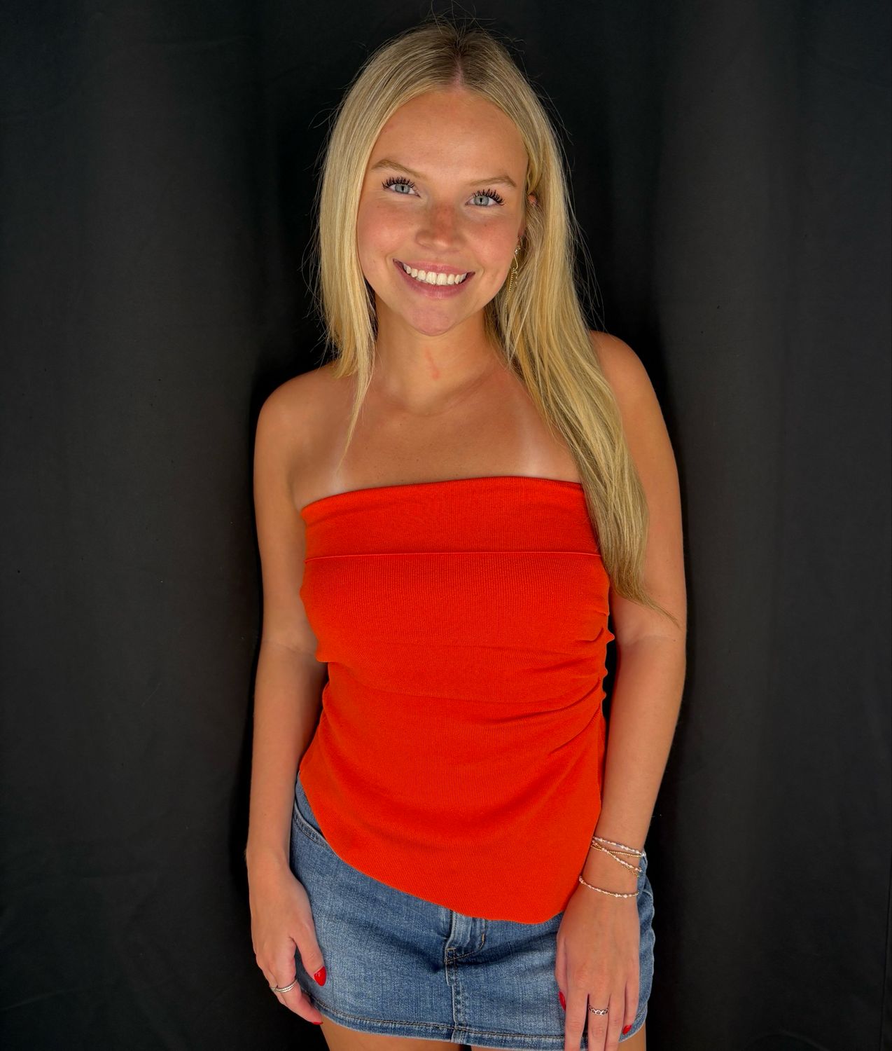 Knit Rouched Tube Top-Orange