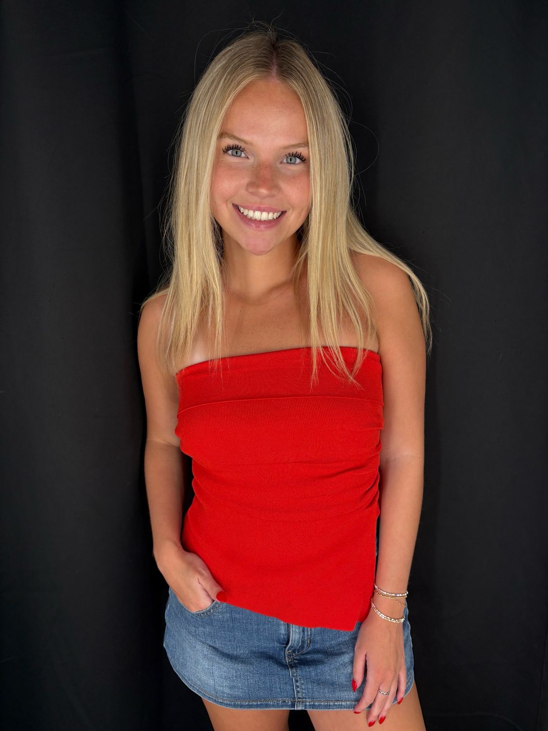 Knit Rouched Tube Top-Red