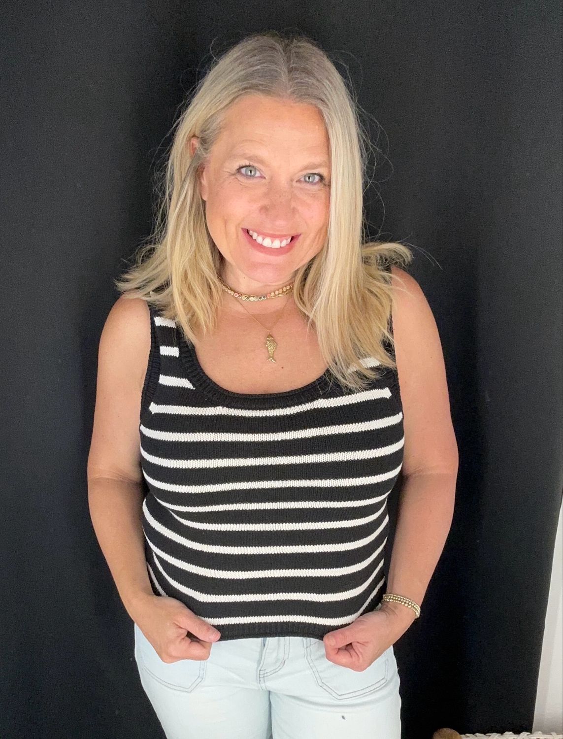 Easy Stripe Sweater Tank-Blk