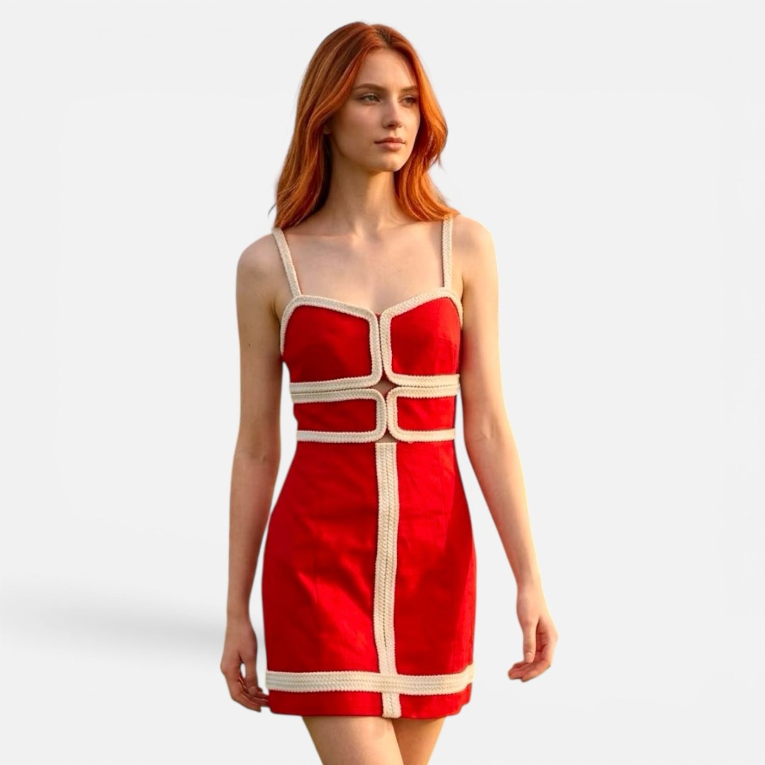 Rope Trim Mini Dress-Red