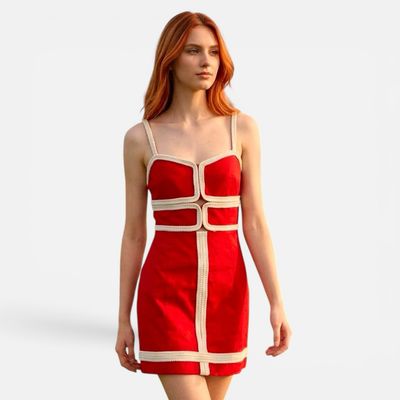 Rope Trim Mini Dress-Red