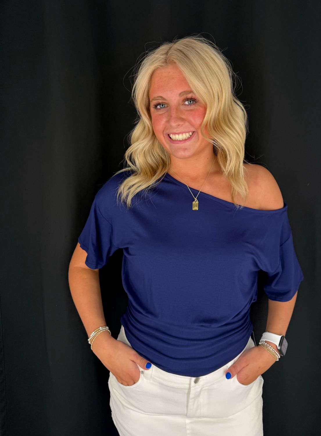 Janie Off Shoulder Top-Navy