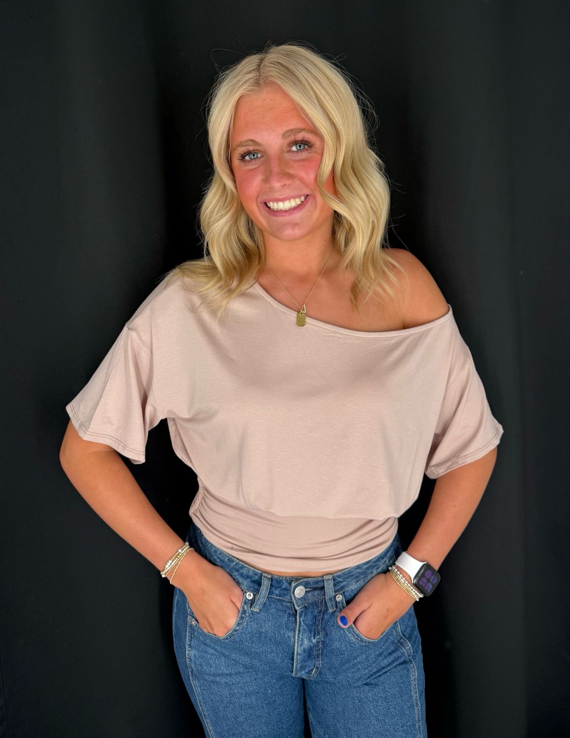 Janie Off Shoulder Top-Tan