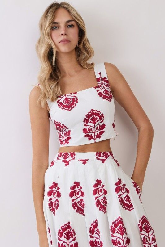Red Floral Square Neck Tank