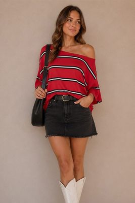 Janie Stripe Off Shoulder-Red