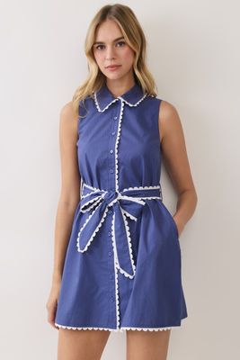 Sweet Scallop Shirt Dress-Navy