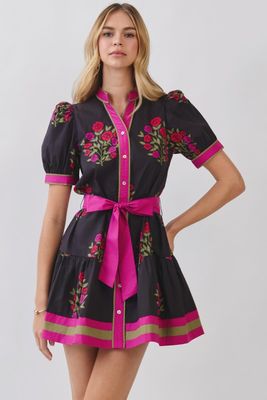 Blk Floral Belted Mini
