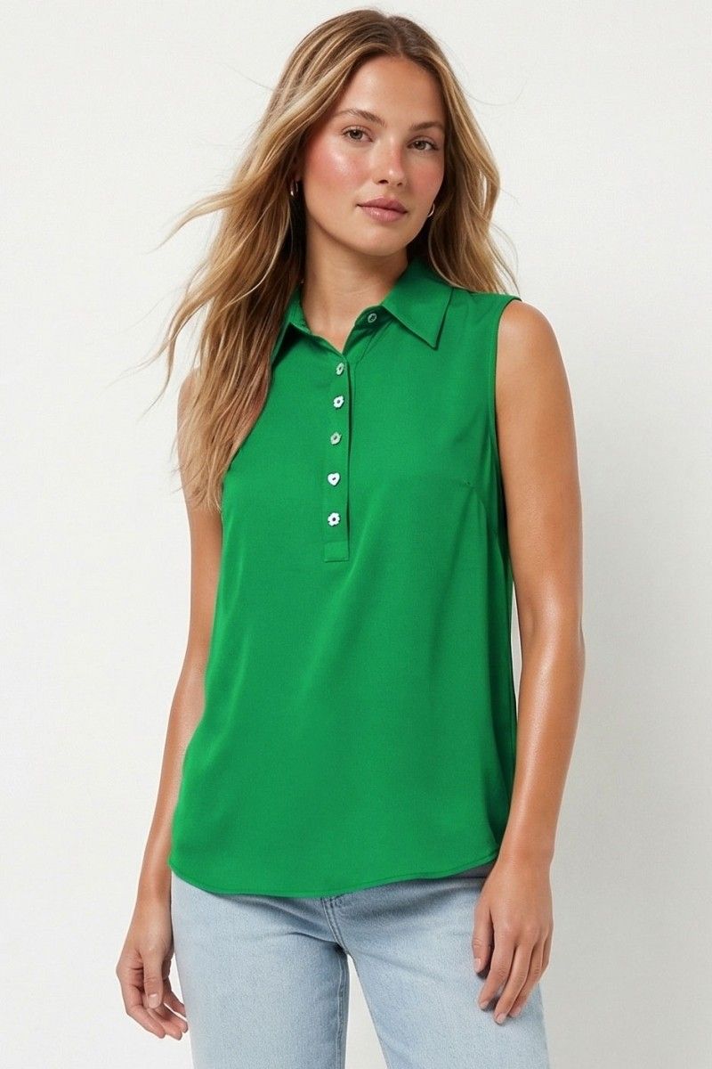 Shell Button Sleeveless Top-Green