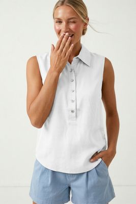 Shell Button Sleeveless Top-Wht