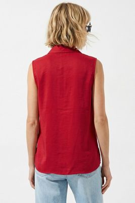Shell Button Sleeveless Top-Red