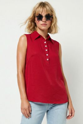 Shell Button Sleeveless Top-Red