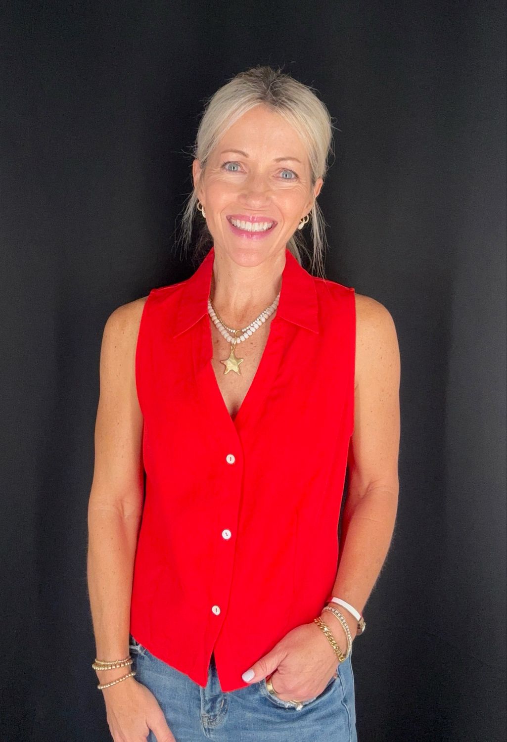 Leigh Linen Button Down-Red