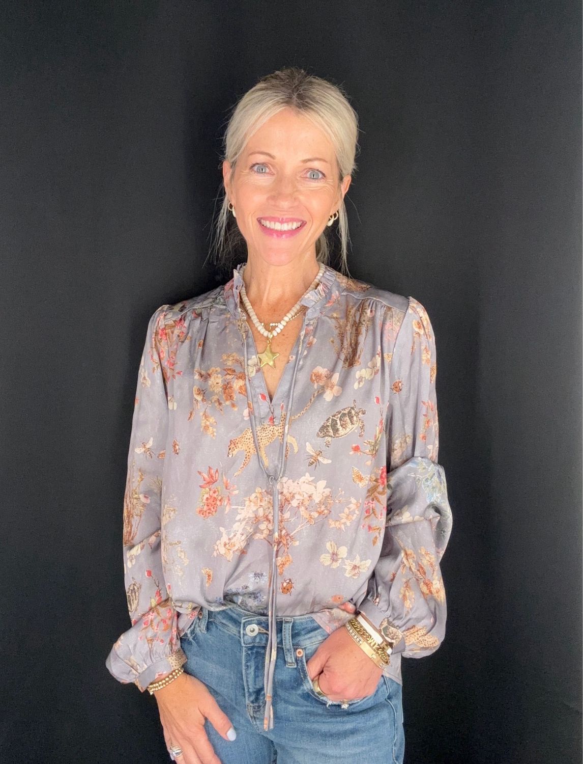 Jungle Days Silky Blouse-Grey